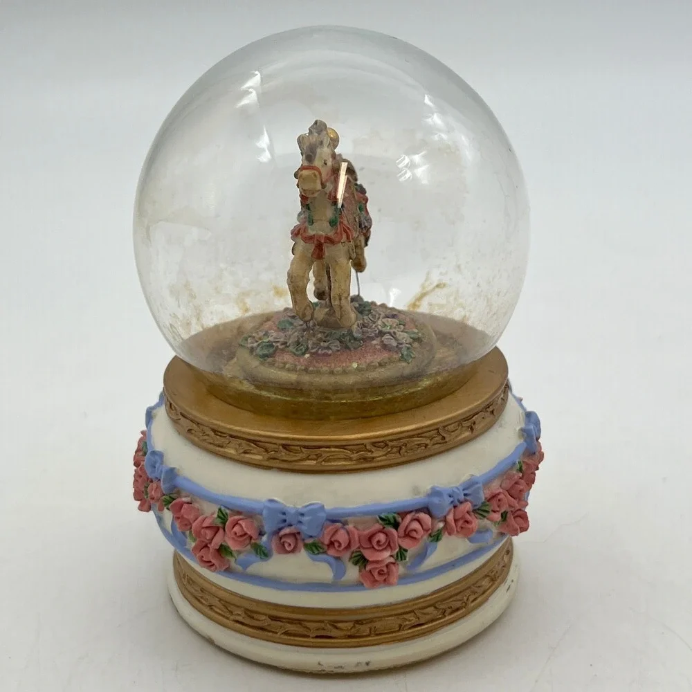 San Francisco Music Box Company Carousel Horse Snow Globe Floral Rose Vintage